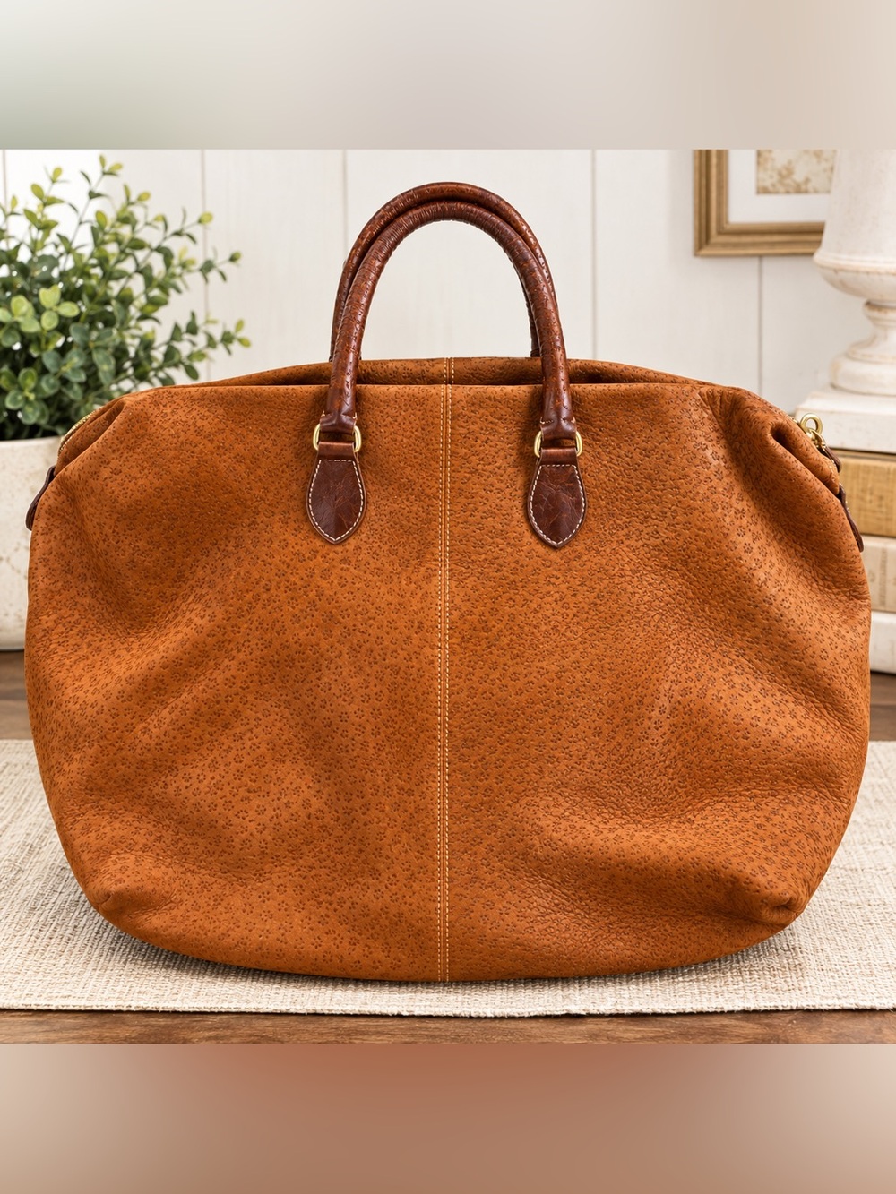 Vintage 1990s FURLA Italian Leather Large Satchel/Tote — Cognac Embossed Leather